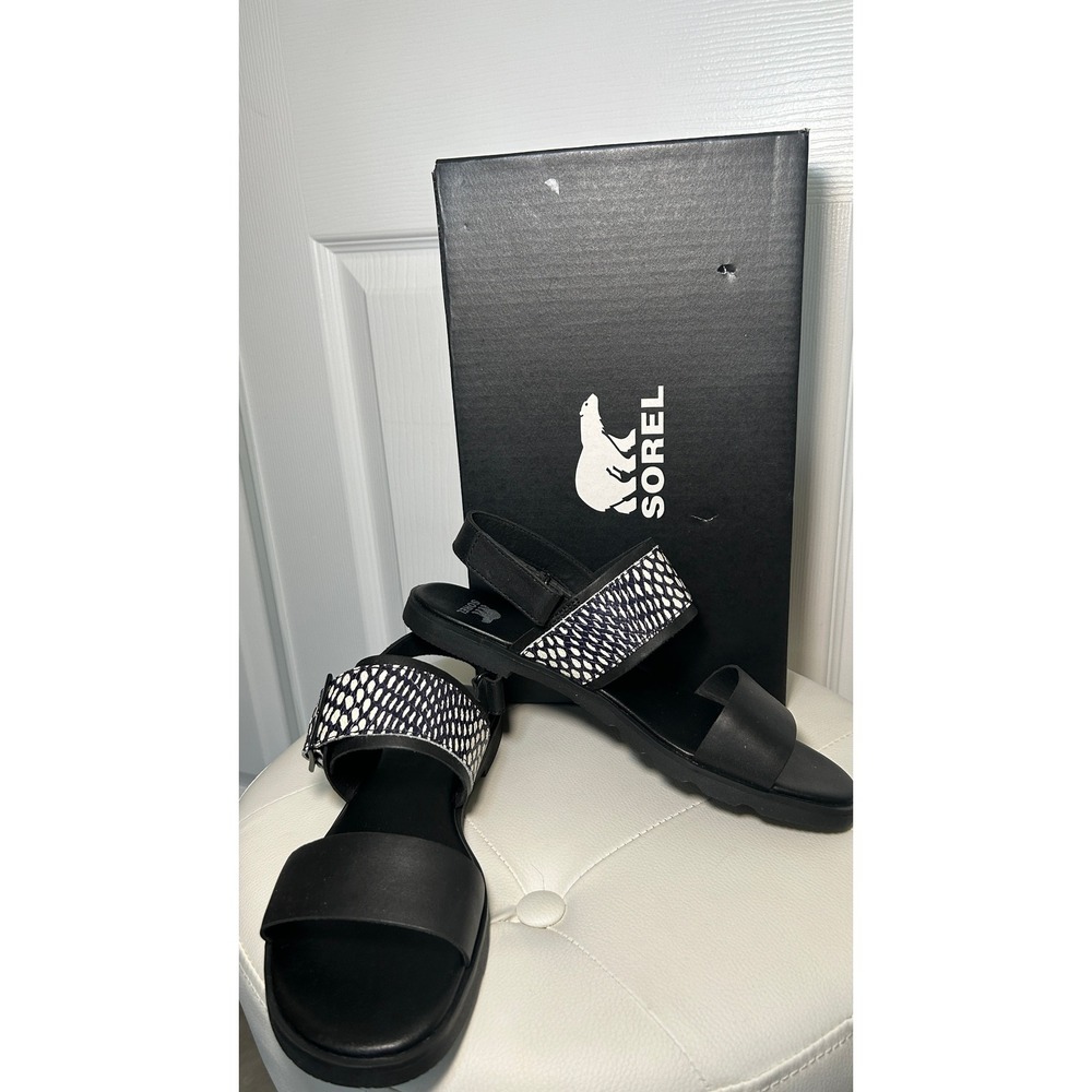 Sorel Ella III Slingback Sandals 8.5 Black Snake Print Leather Buckle NIB